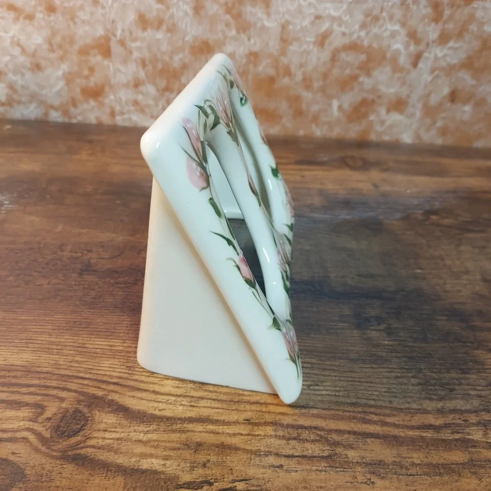 Hand Painted Ceramic Double Rosebud Picture Frame 4x7 Pink Floral Cottagecore